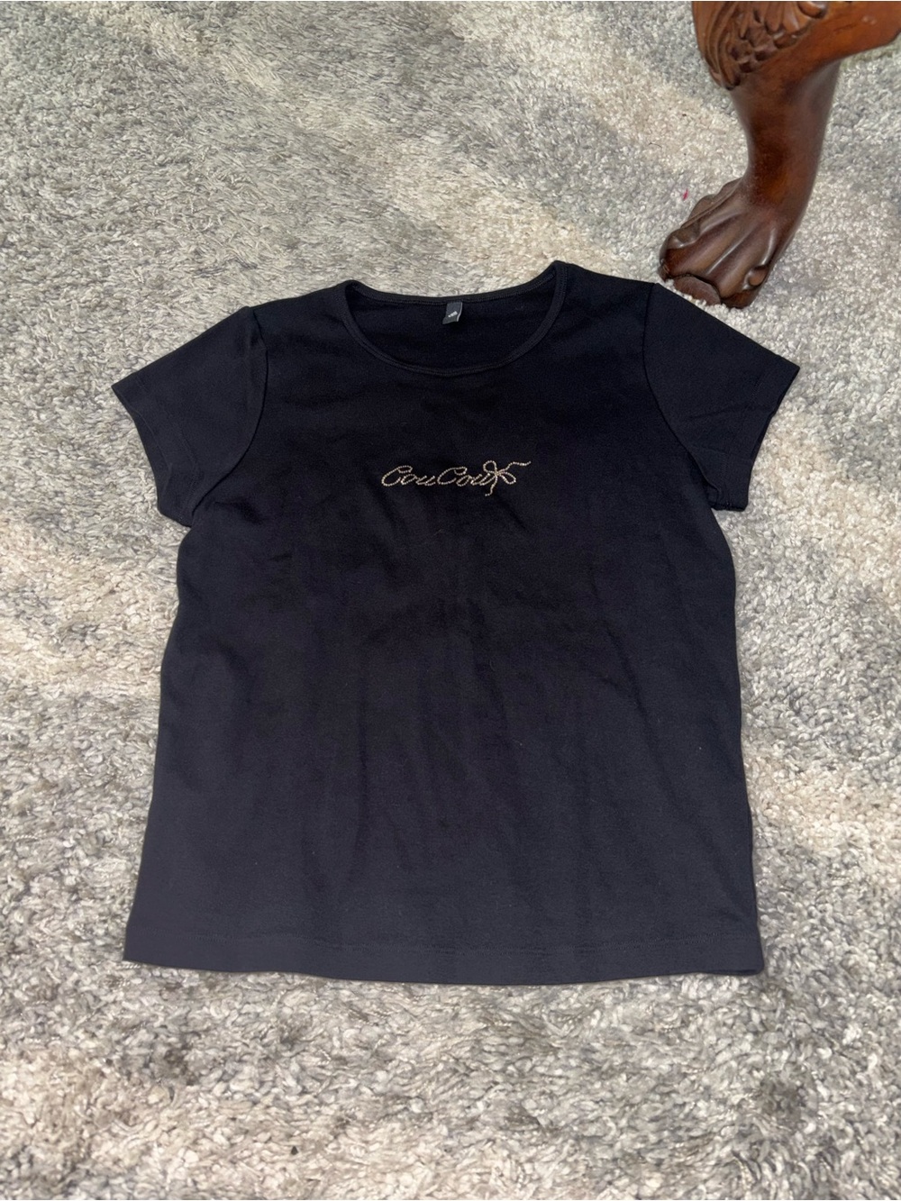 Cou Cou Intimates Rhinestone Black Baby Tee with Script Logo - Women’s Tee